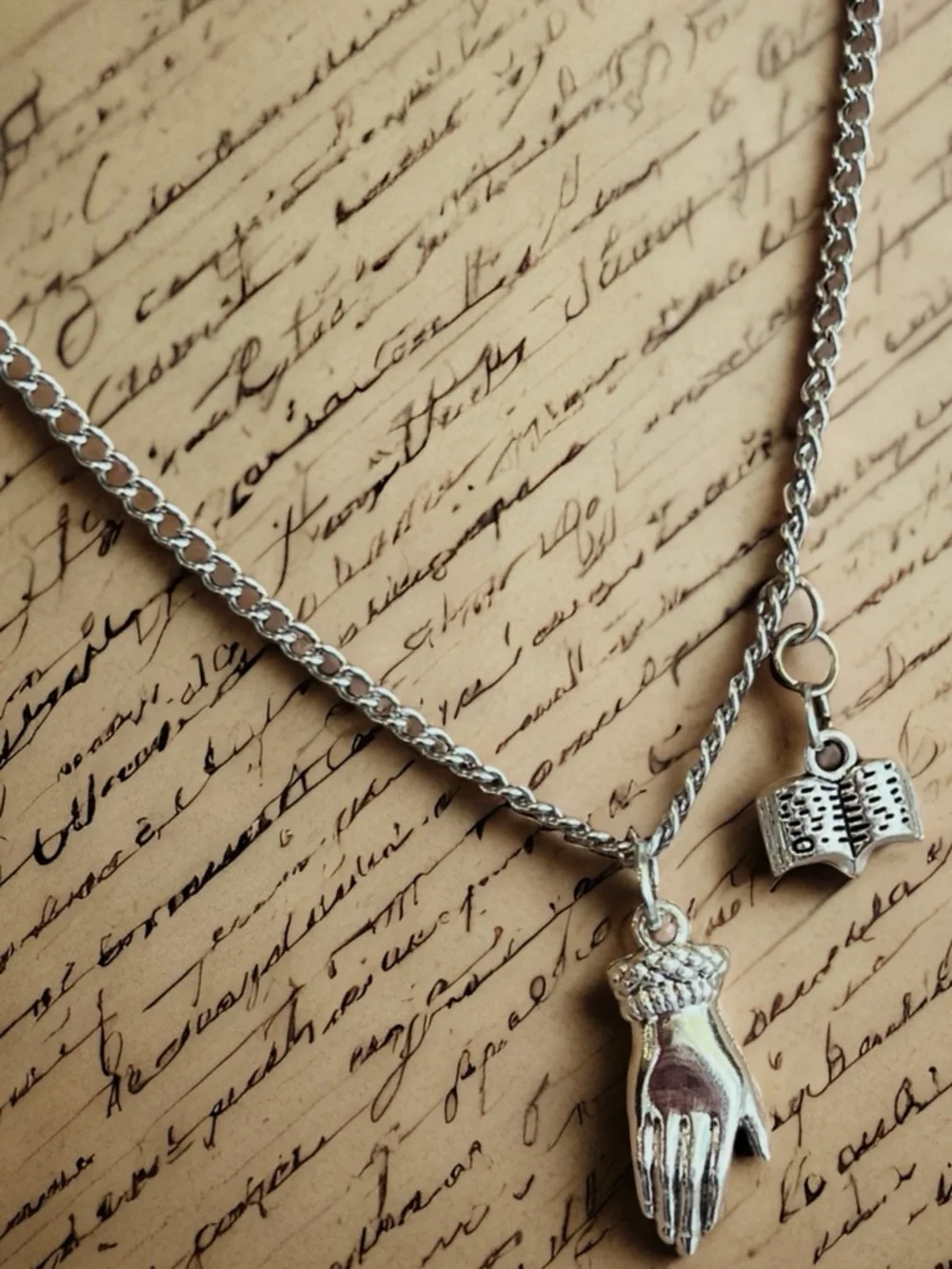 DND Wizard Silver Toned Hand Charm Necklace with Book